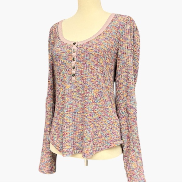 Anthropologie Puff Sleeve Knit Henley Top Multicolor Space Dye Medium EUC - Picture 5 of 15